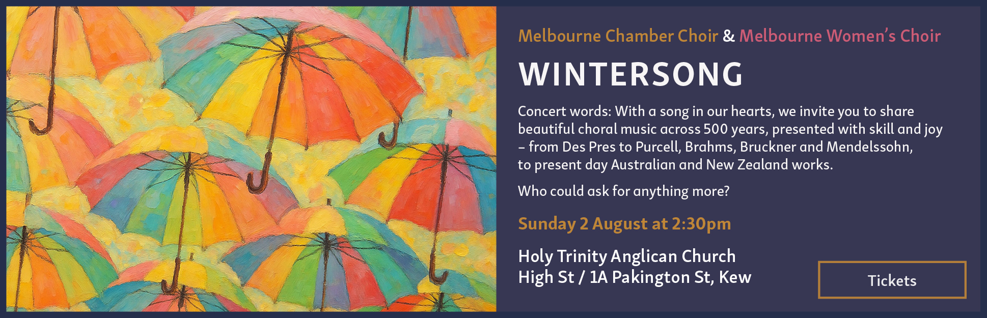 colourful umbrellas accompany text about a choral concert called Wintersong