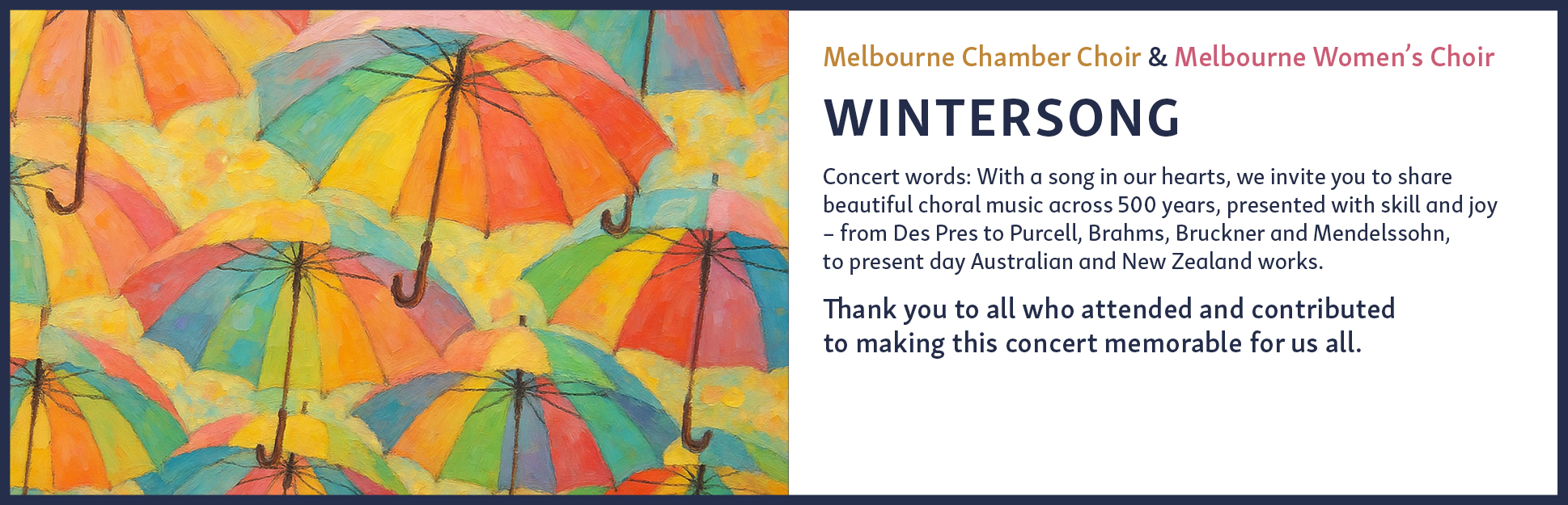 colourful umbrellas accompany text about a choral concert called Wintersong